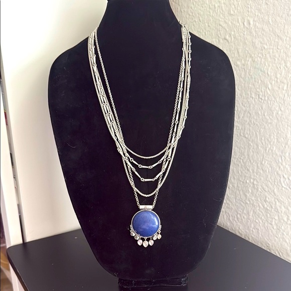 Lucky Brand Silver-tone Multi Layer Blue Large Rock Stone Necklace Boho 26” EUC - Picture 1 of 5